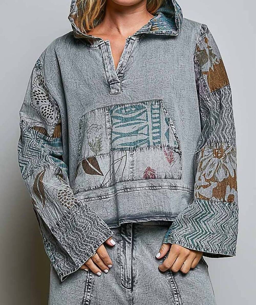 NEW POL patchwork pullover half placket kangaroo hoodie in charcoal